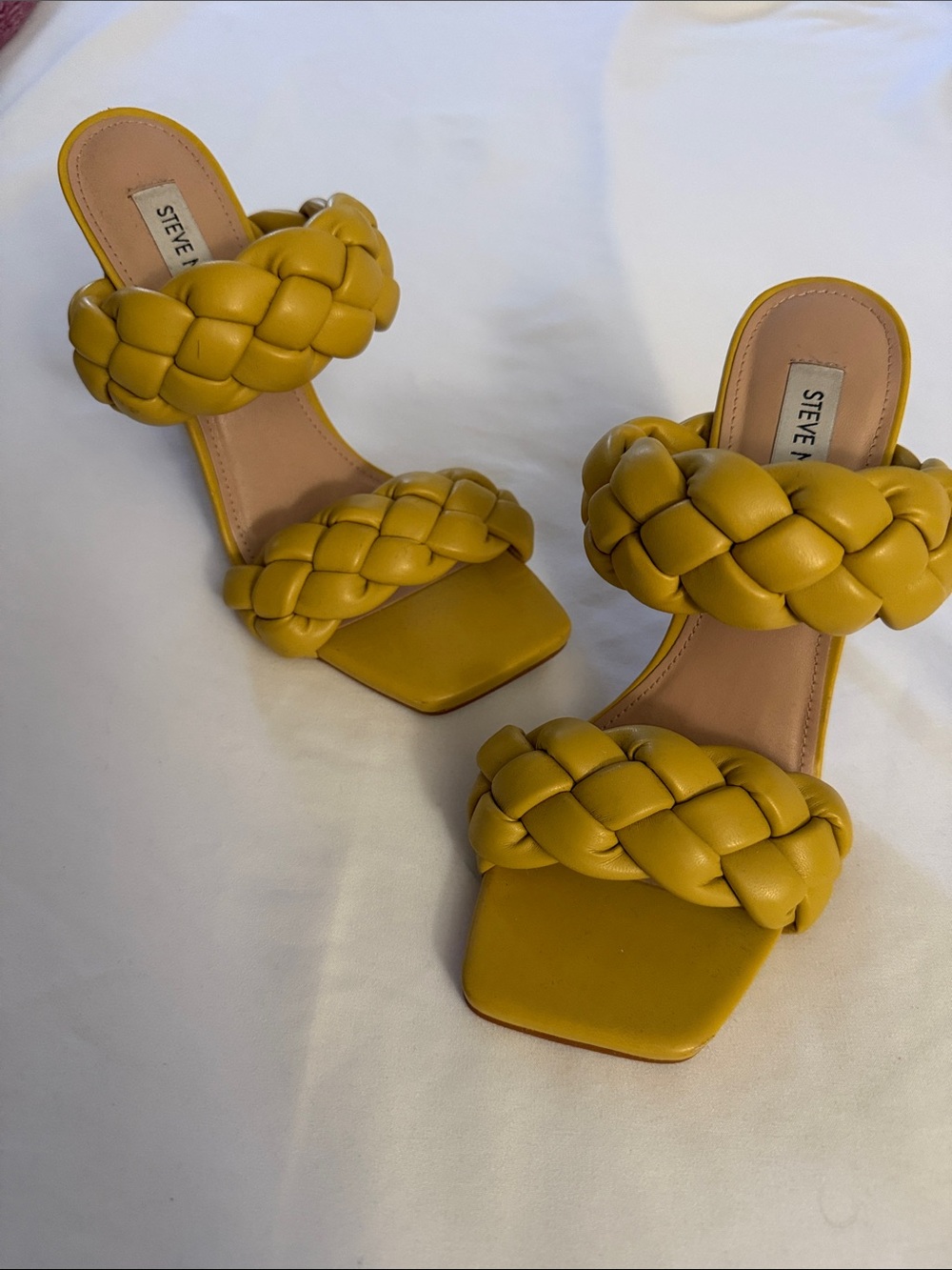 Steve Madden Braided Double-Strap Heeled Sandal in Mustard Yellow